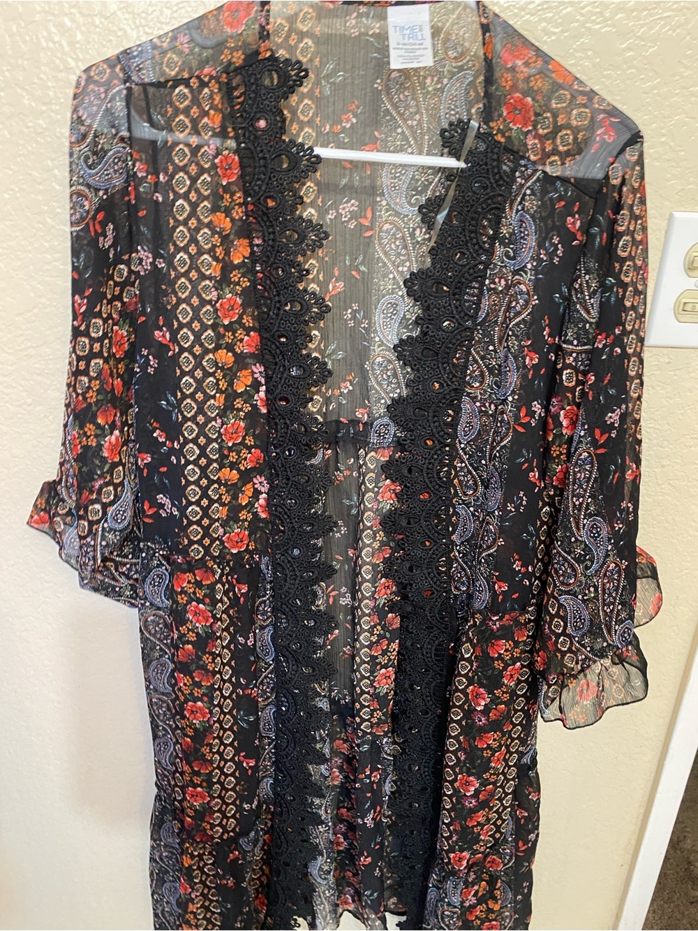 Time and Tru Black Sheer Floral & Paisley Kimono with Lace Trim